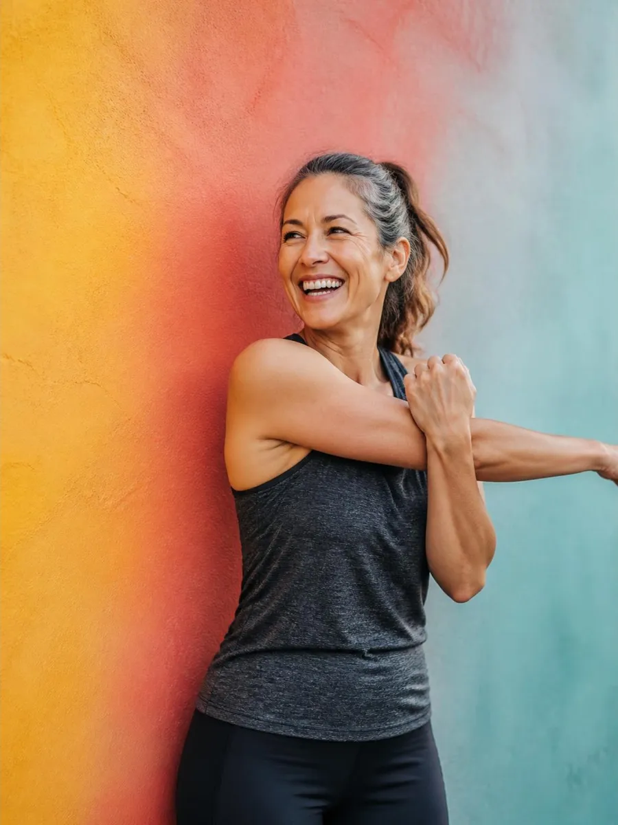A smiling woman stretching after a workout