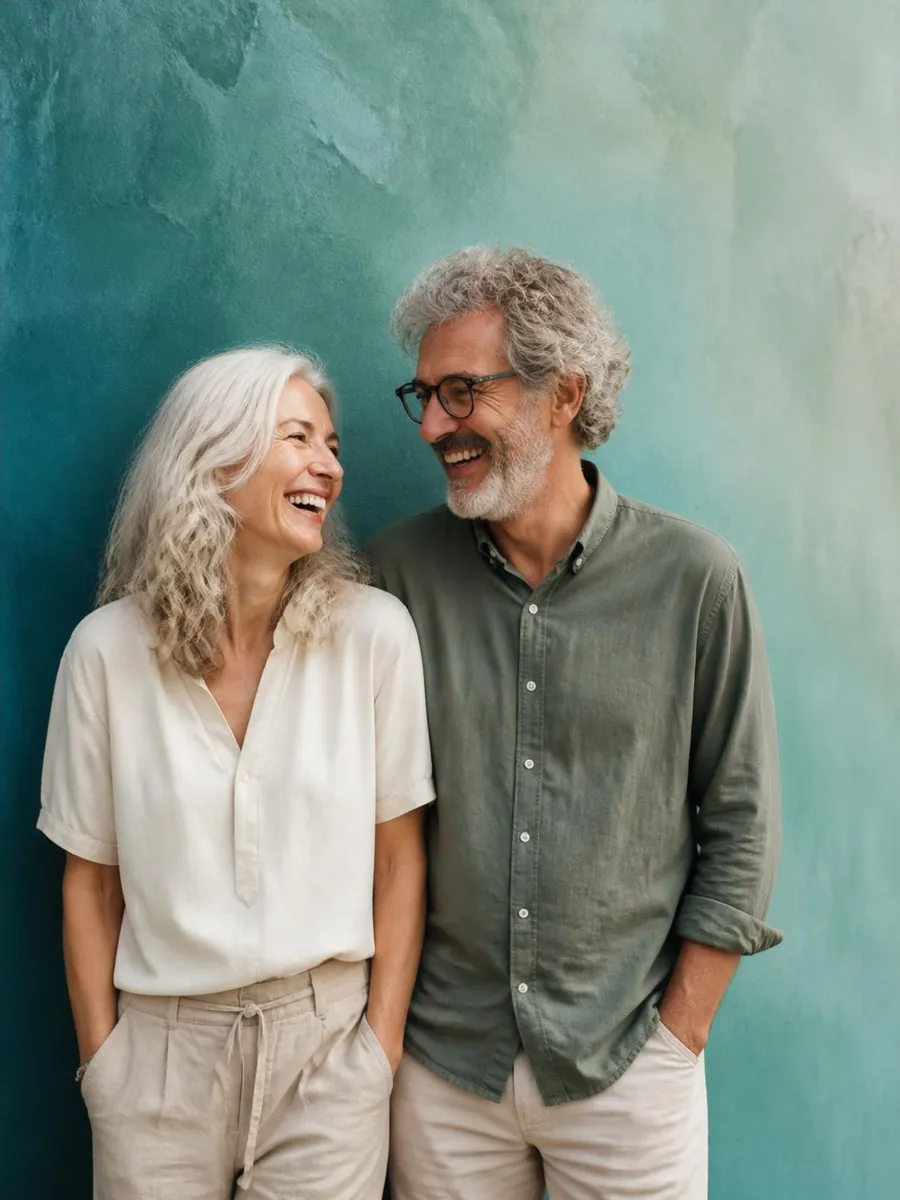 A happy older couple laughing together