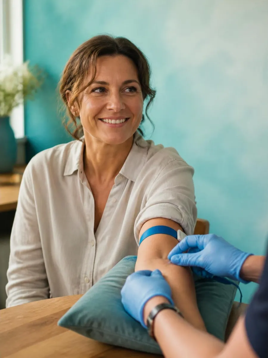 A woman at her kitchen table having blood drawn by a mobile phlebotomist