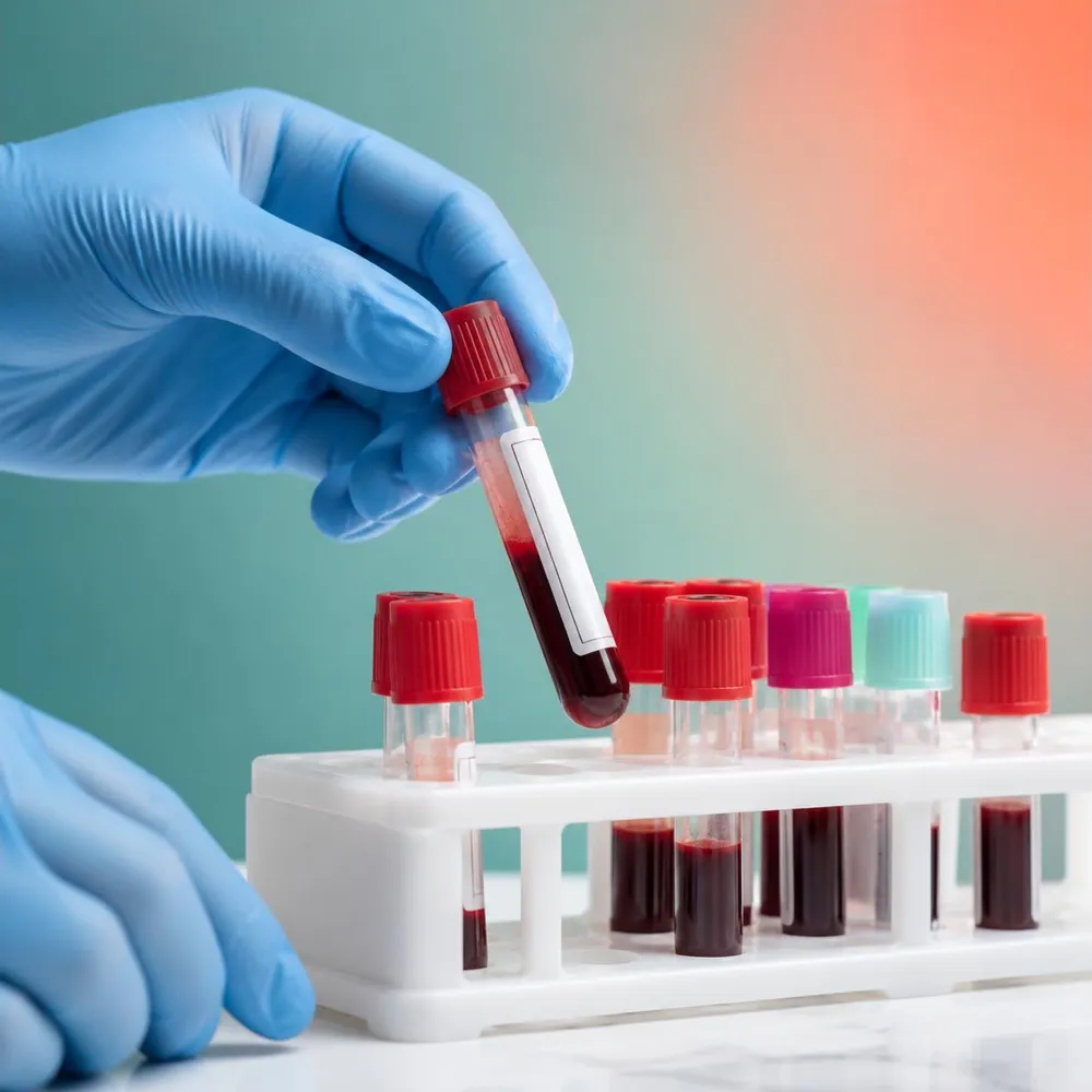Gloved hands placing a blood collection tube into a rack