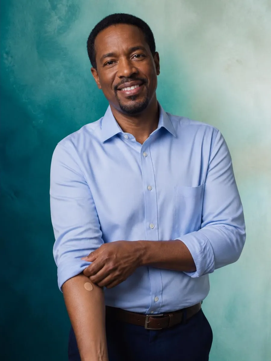 A smiling man in an office shirt with a bandage after a blood draw
